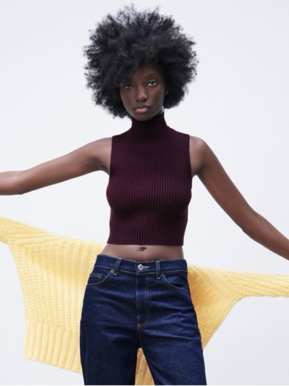 ZARA Ribbed High Neck Turtleneck Cropped Tank Top Plum S